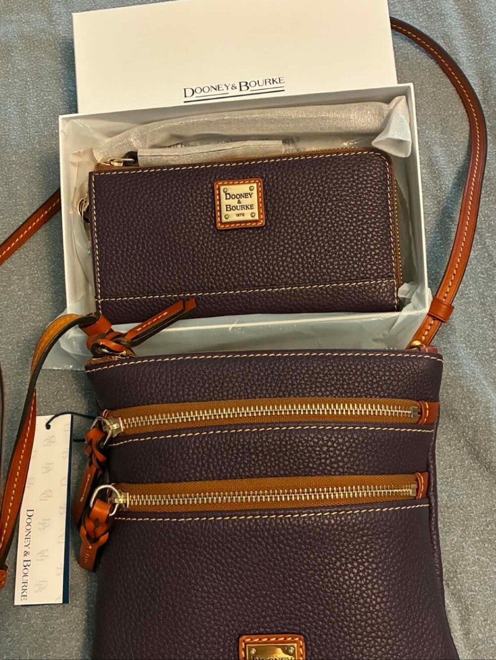 Dooney & Bourke Plum Pebbled Leather Crossbody with Tan Trim and Wallet